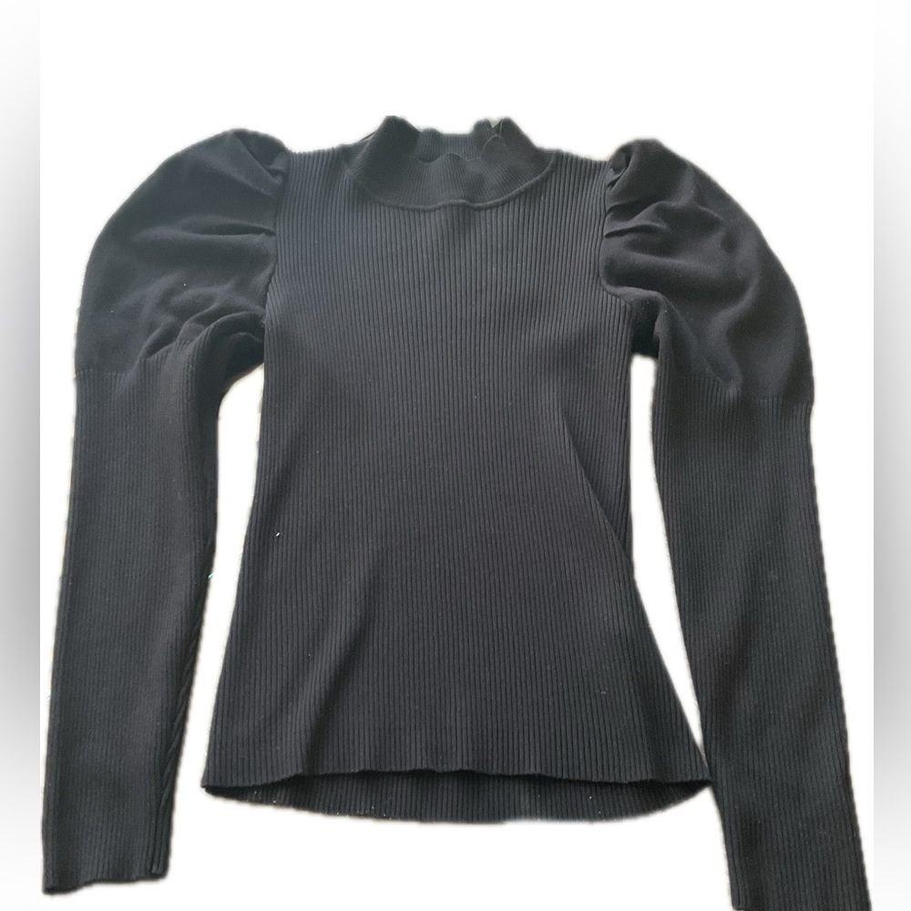 QED London Deep Black Ribbed Jumper  with Puffy Sleeves.
